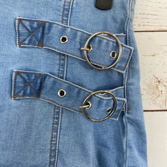Windsor M Light Blue High Rise Double Buckle Slit Mini Denim Skirt - Picture 5 of 11